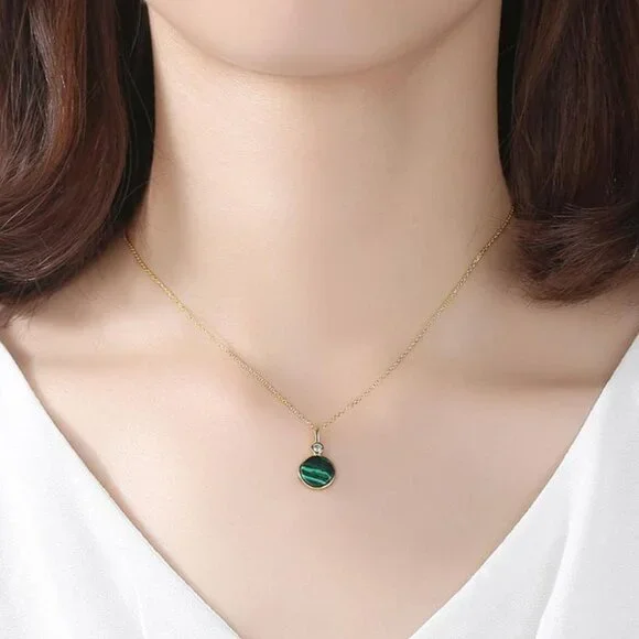 18KY Gold Plated over Sterling Silver Malachite and CZ Necklace - Picture 2 of 6